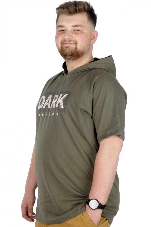 Mode XL Büyük Beden T-Shirt Kapşonlu Dark 22176 Haki - 2