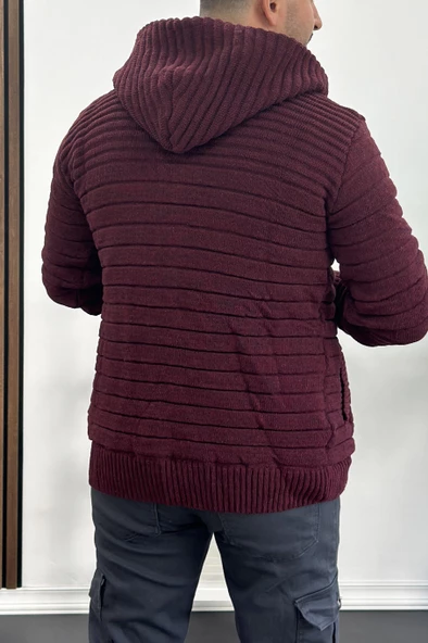 Erkek İçi Kürklü Kapüşonlu Fermuarlı Triko Hırka Bordo T743 - 4
