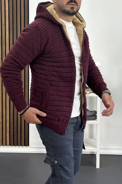 Erkek İçi Kürklü Kapüşonlu Fermuarlı Triko Hırka Bordo T743 - 3
