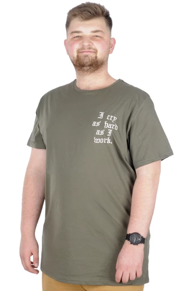 Mode XL Büyük Beden T-Shirt Bisiklet Yaka Work 22179 Haki