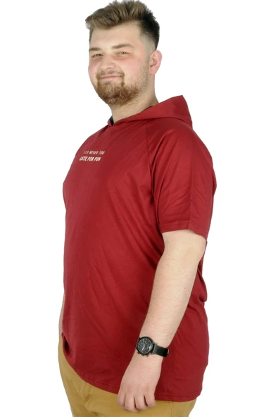 Mode XL Büyük Beden T-Shirt Kapşonlu For Fun 22175 Bordo - Resim 2