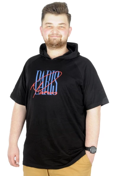 Mode XL Büyük Beden T-Shirt Kapşonlu Paris 22174  Siyah ürün görseli