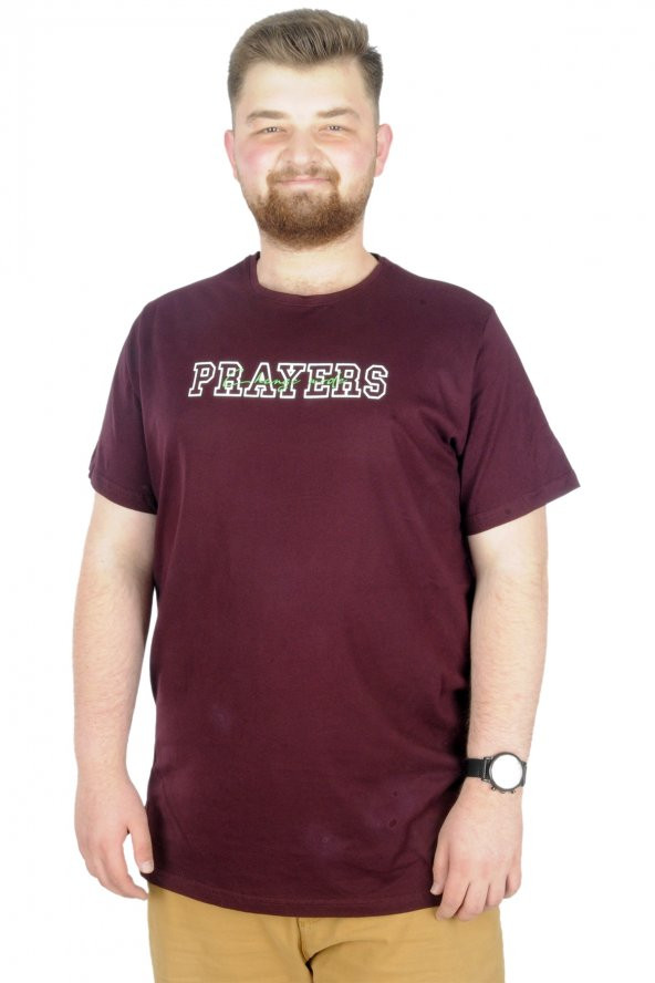 Mode XL Büyük Beden T-Shirt Bis Yaka Prayers 22185 Mürdüm