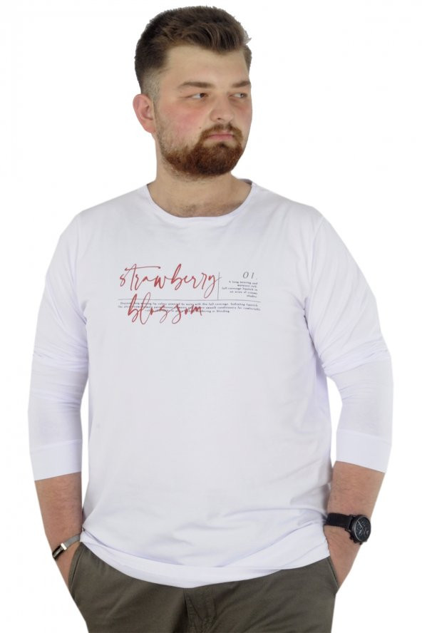 Mode XL Büyük Beden T-Shirt Bisiklet Yaka Strawberry 22203 Beyaz