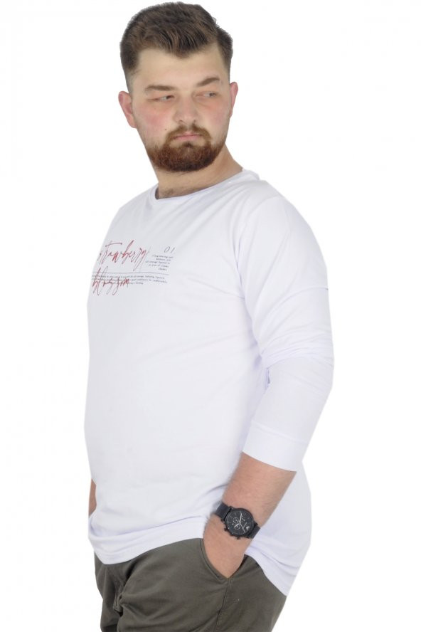Mode XL Büyük Beden T-Shirt Bisiklet Yaka Strawberry 22203 Beyaz - 2