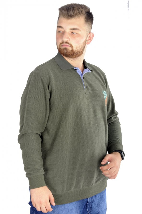 Mode XL Erkek Sweat Uzun Kol Polo Waffle 22463 Haki - 2