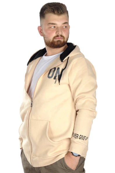 Mode XL Erkek Sweat Kapşon Fermuarlı Keep On 22533 Bej - Resim 2