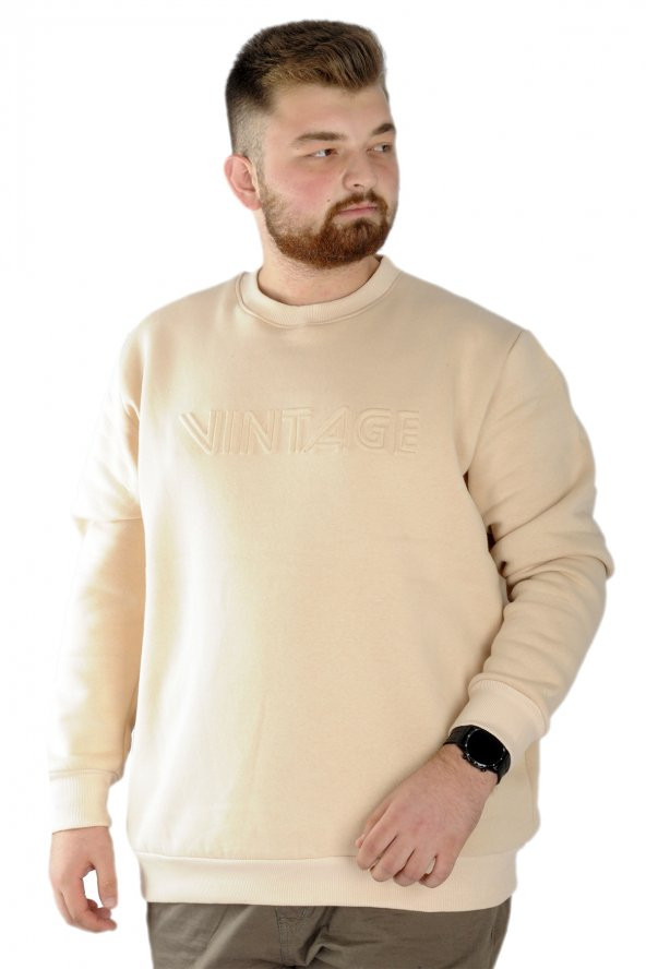 Mode XL Erkek Sweatshirt Bisiklet Yaka Vintage 22543 Bej