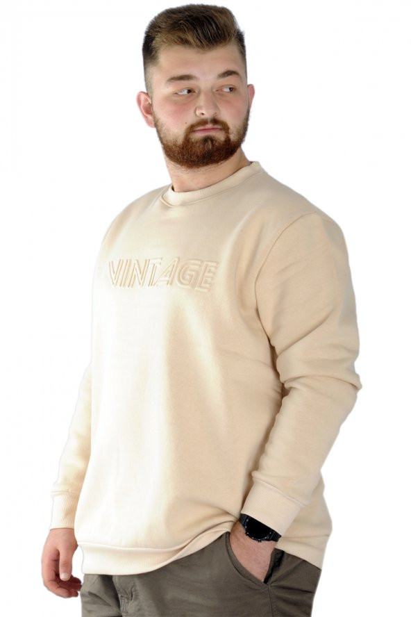 Mode XL Erkek Sweatshirt Bisiklet Yaka Vintage 22543 Bej - 2