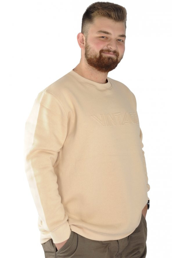 Mode XL Erkek Sweatshirt Bisiklet Yaka Vintage 22543 Bej - 3
