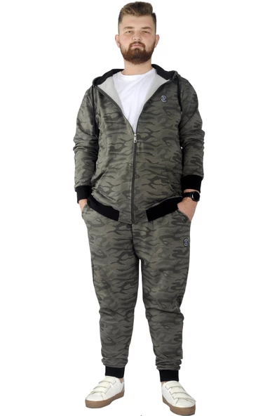Mode XL Erkek Sweat Kapşon Fermuarlı Kamuflaj 22546 Haki - Resim 3