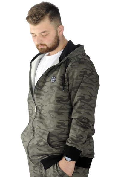 Mode XL Erkek Sweat Kapşon Fermuarlı Kamuflaj 22546 Haki - Resim 2