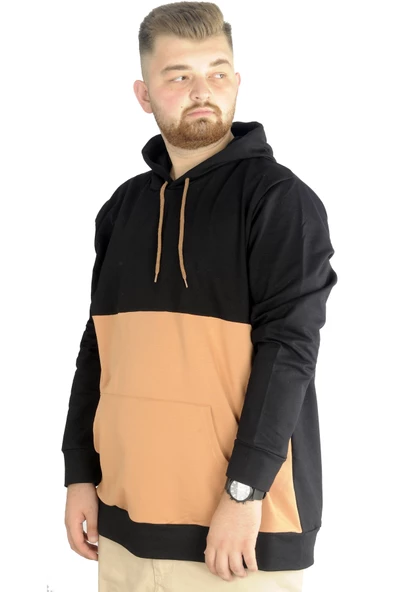 Mode XL Erkek Sweat Kapşon Parçalı Kanguru Cep 22527 Siyah - Resim 2