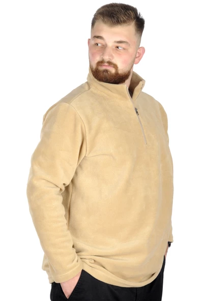 Mode XL Erkek Sweat Polo Yaka Yarım Fermuarlı Polar 22548 Bej - 2