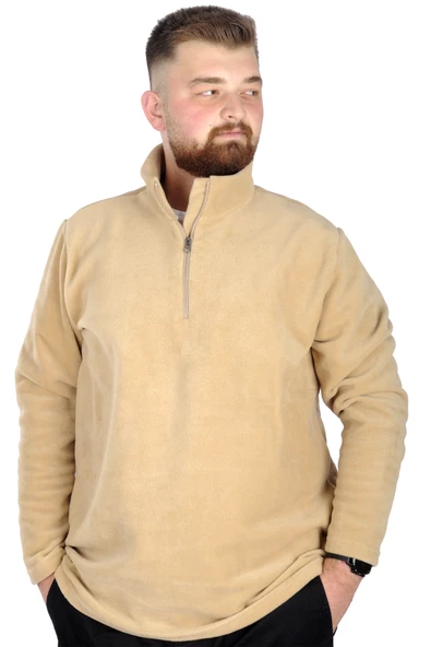 Mode XL Erkek Sweat Polo Yaka Yarım Fermuarlı Polar 22548 Bej - 1