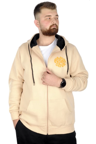 Mode XL Erkek Sweat Kapşonlu Fermuarlı Karmashek 22538 Bej