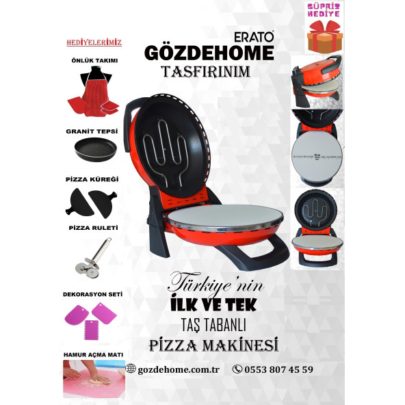 Kırmızı Erato Taşfırınım Pizza Makinesi, Lahmacun Makinesi Doğal Taş Fırın - Timer - 400 C.