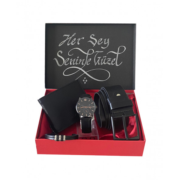 Hediye Seti Siyah Erkek Kol Saati -Carlino Cüzdan Kemer Ve Deri Bileklik