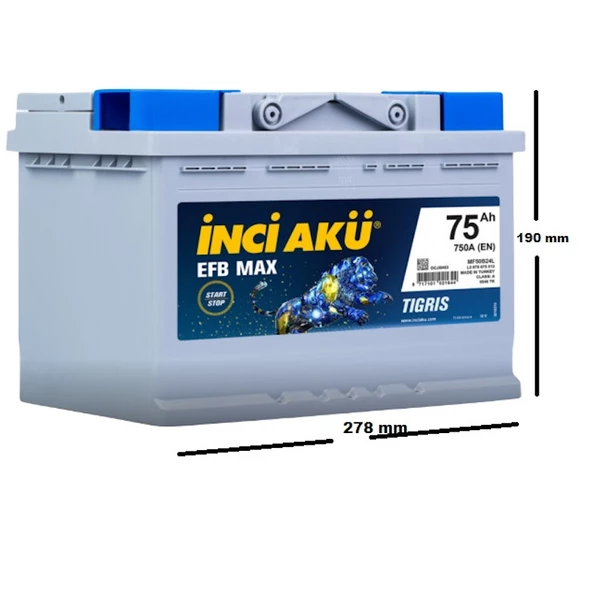 İnci Efb Max Tigris 12 V 75 Ah Start-Stop Akü