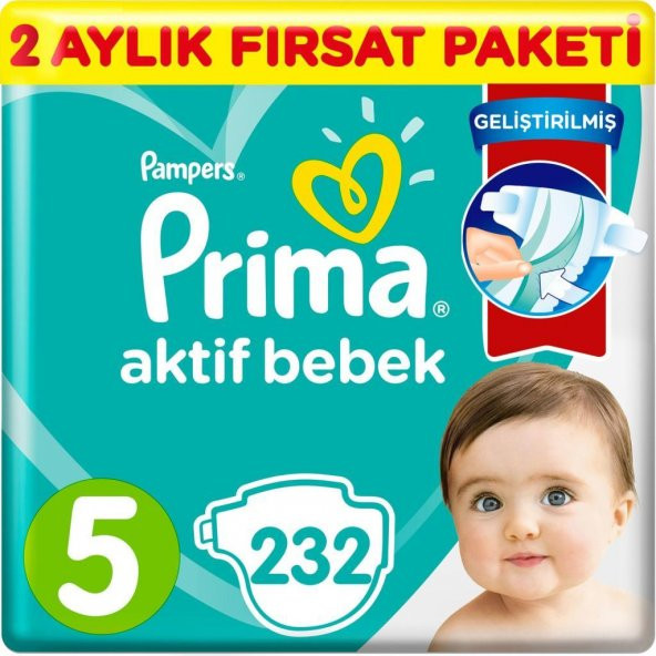 Prima Bebek Bezi Aktif Bebek 5 Beden 232 Adet Junior 2 Aylık Fırsat Paketi