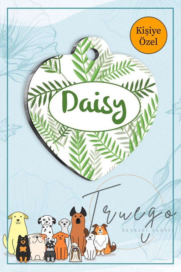 Kedi Köpek Künyesi Yeşil Palmiye Yaprakları Desenli Kalp Şekilli