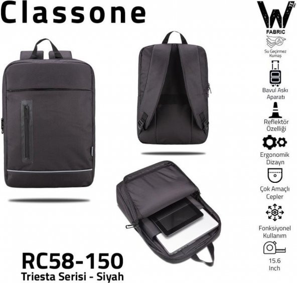 Classone RC58-150 Triesta 15.6 Inch Su Geçirmez  Notebook Sırt Çantası