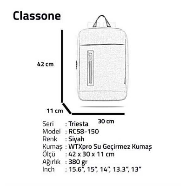 Classone RC58-150 Triesta 15.6 Inch Su Geçirmez  Notebook Sırt Çantası - 6
