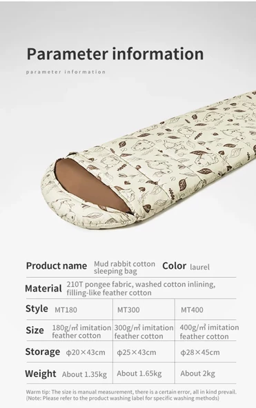 Naturehike Cute Mud Rabbit MT180 Zarf Trazı Pamuklu Uyku Tulumu -8°C  Laurel Left - 11