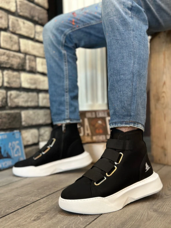 BA0142 Bantlı Erkek Yüksek Taban Siyah Spor Bot - Resim 2
