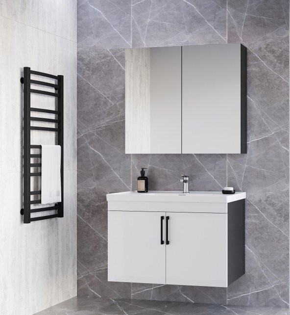 Teta Home Yalova 65cm Antrasit-Parlak Akrilik Beyaz MDF Banyo Dolabı Seti