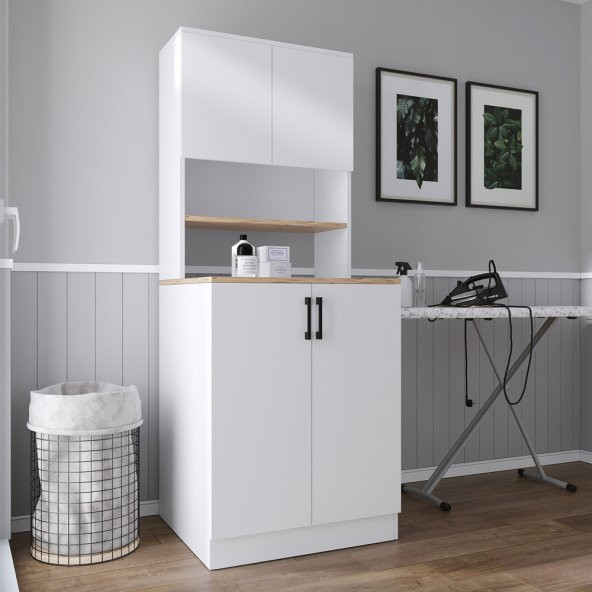 Teta Home Atlantik Çam- Beyaz  Çamaşır Makinesi Dolabı kapaklı + Kiler dolaplı - 2