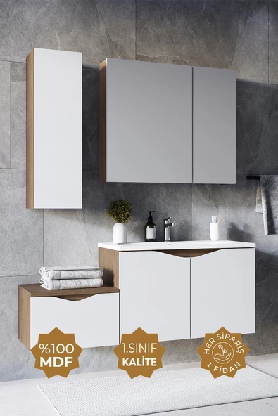 Teta Home Manila 100cm Mdf Banyo Seti + Boy Dolap  Kafkas Meşe-Beyaz ürün görseli