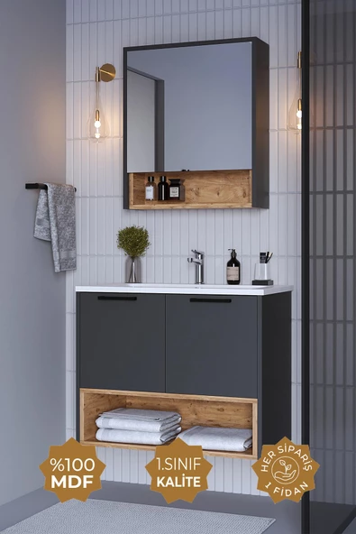 Teta Home Suva 65 Cm Mdf Banyo Dolabı Seti  Antrasit-Atlantik Çam