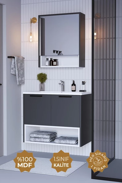 Teta Home Suva 65 Cm Mdf Banyo Dolabı Seti  Antrasit-Beyaz