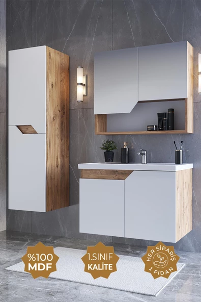 Teta Home Napoli 80 cm Mdf Banyo Dolabı Seti + Boy Dolabı  Atlantik Çam-Beyaz