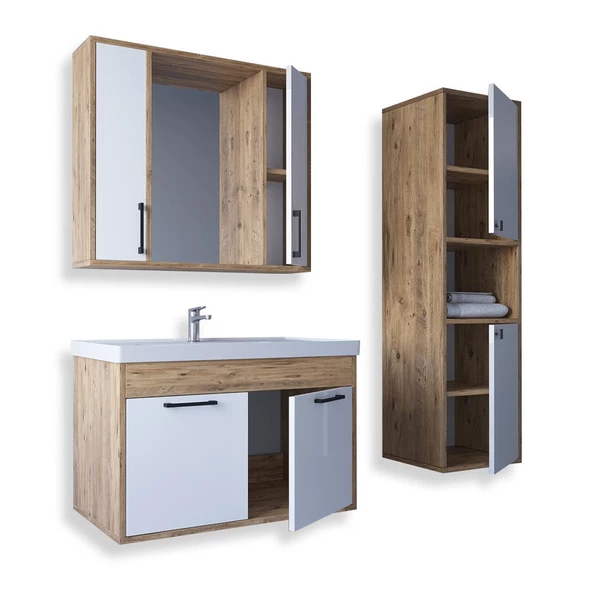 Teta Home Lizbon 80 cm Mdf Banyo Dolabı Seti ve Boy Dolabı  Atlantik Çam-Beyaz - 2