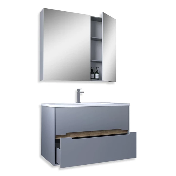 Teta Home Madrid 80 cm Mdf Banyo Dolabı Seti  Sis Gri-Atlantik Çam - 2