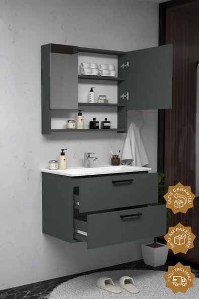 Teta Home Batum 80 Cm Mdf Banyo Dolabı Seti  Antrasit - Resim 2