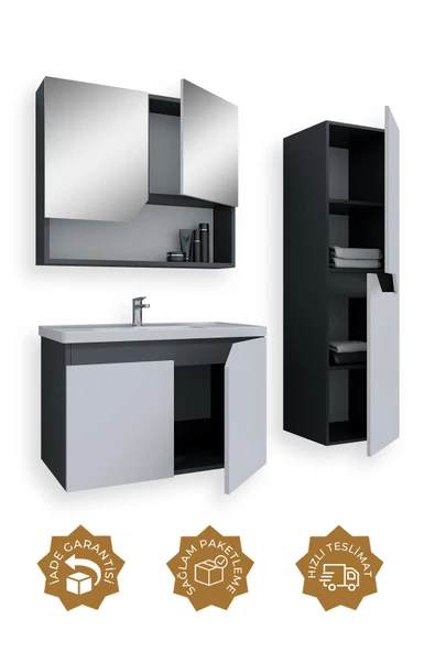 Teta Home Napoli 80 cm Mdf Banyo Dolabı Seti + Boy Dolabı  Antrasit-Beyaz - 2