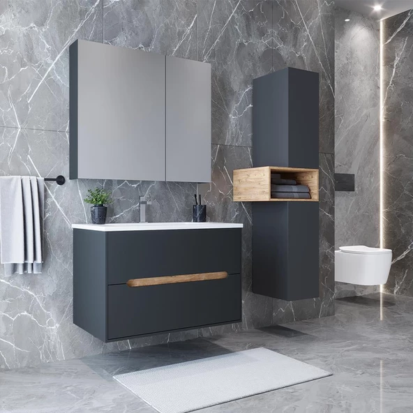 Teta Home Madrid 65 cm MDF Banyo Dolabı Seti ve Boy Dolabı  Antrasit-Atlantik Çam