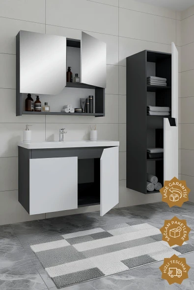 Teta Home Napoli 80 cm Mdf Banyo Dolabı Seti + Boy Dolabı  Antrasit-Beyaz - Resim 2