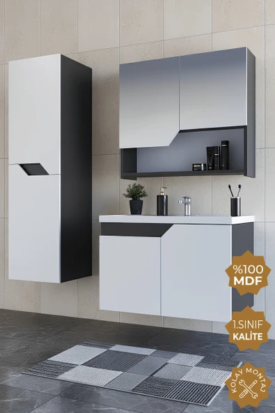 Teta Home Napoli 80 cm Mdf Banyo Dolabı Seti + Boy Dolabı  Antrasit-Beyaz ürün görseli