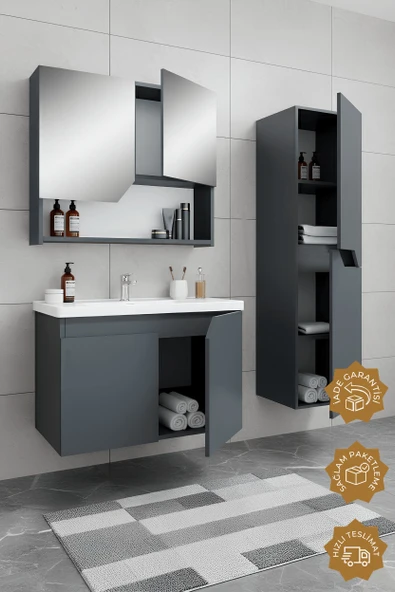 Teta Home Napoli 80 cm Mdf Banyo Dolabı Seti + Boy Dolabı  Antrasit - Resim 2