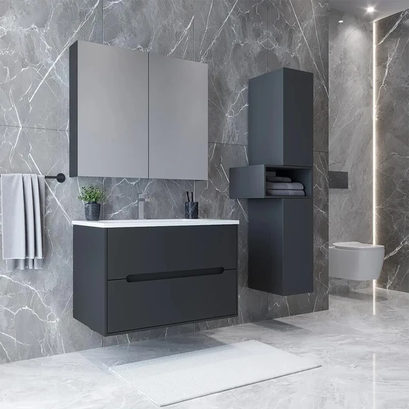 Teta Home Madrid 65 cm MDF Banyo Dolabı Seti ve Boy Dolabı  Antrasit - 1