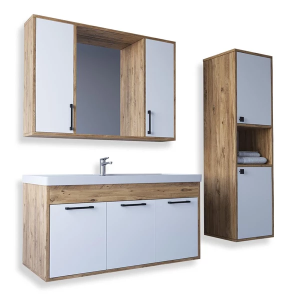 Teta Home Lizbon 100 cm Mdf Banyo Dolabı Seti ve Boy Dolabı  Atlantik Çam-Beyaz