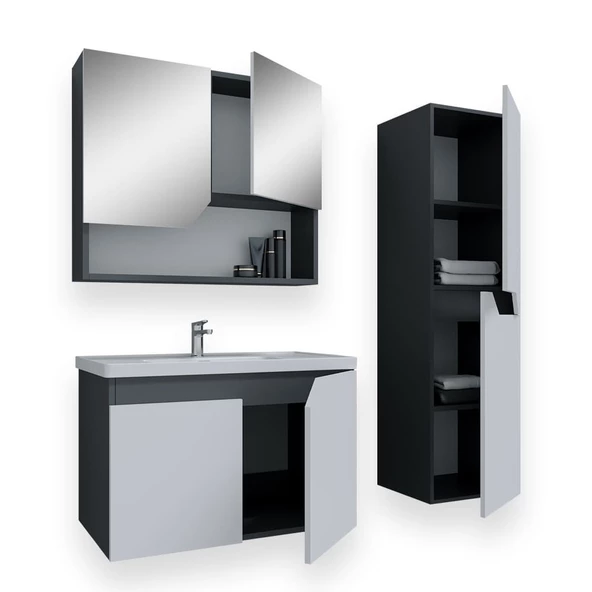Teta Home Napoli 65 Cm Mdf Banyo Dolabı Seti + Boy Dolabı  Antrasit-Beyaz - 2