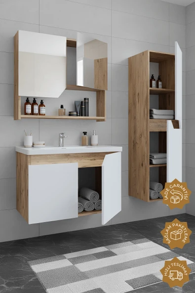 Teta Home Napoli 65 Cm Mdf Banyo Dolabı Seti + Boy Dolabı  Atlantik Çam-Beyaz - Resim 2
