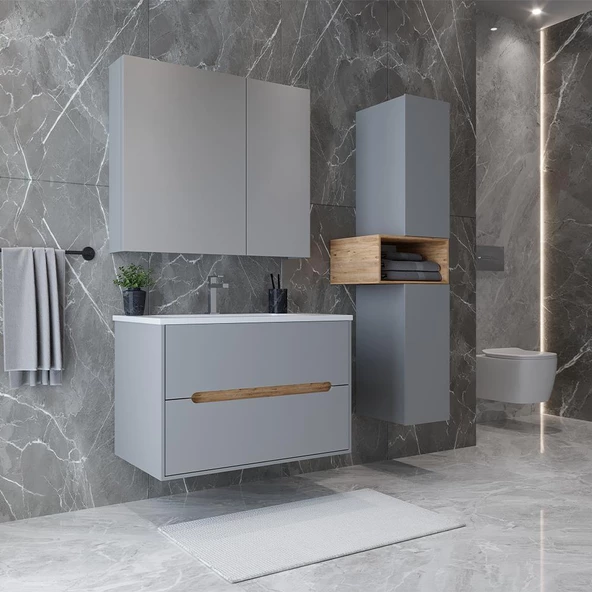 Teta Home Madrid 80 cm MDF Banyo Dolabı Seti ve Boy Dolabı  Sis Gri-Atlantik Çam