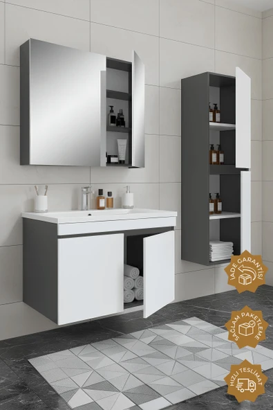 Teta Home Tokyo 65 Cm Mdf Banyo Dolabı Seti + Boy Dolabı  Antrasit-Beyaz - Resim 2