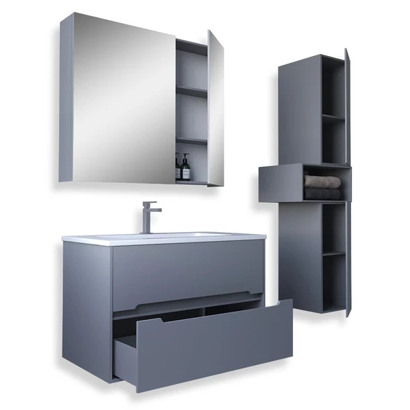 Teta Home Madrid 80 cm MDF Banyo Dolabı Seti ve Boy Dolabı  Sis gri - 2